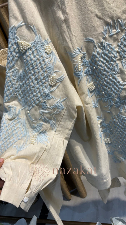 Linen Co - ord Set with embroidery and pearls - nazakatjaipurnazakat_jaipur