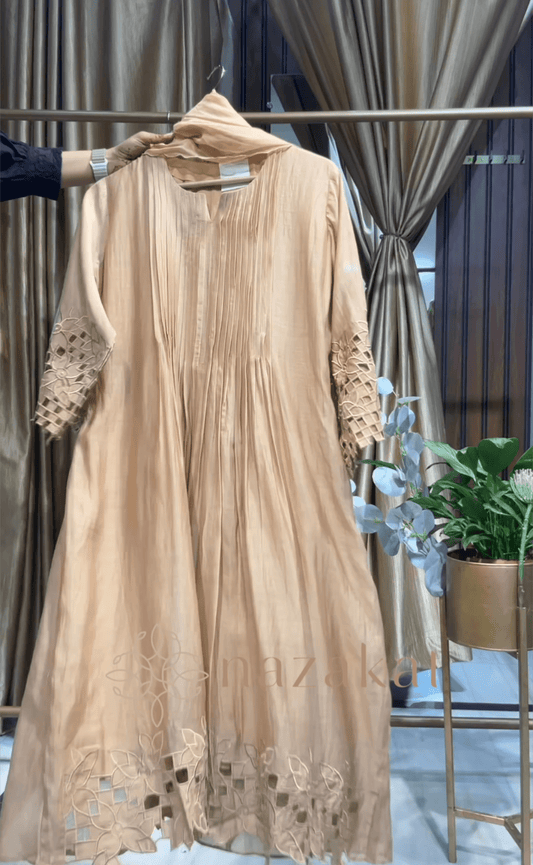 Mul Chanderi - Pleated Kurta Set - nazakatjaipurnazakat_jaipur