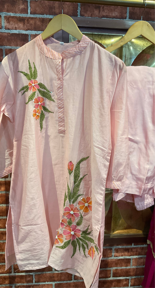 Handpainted Mul Chanderi Co-ords with embroidery