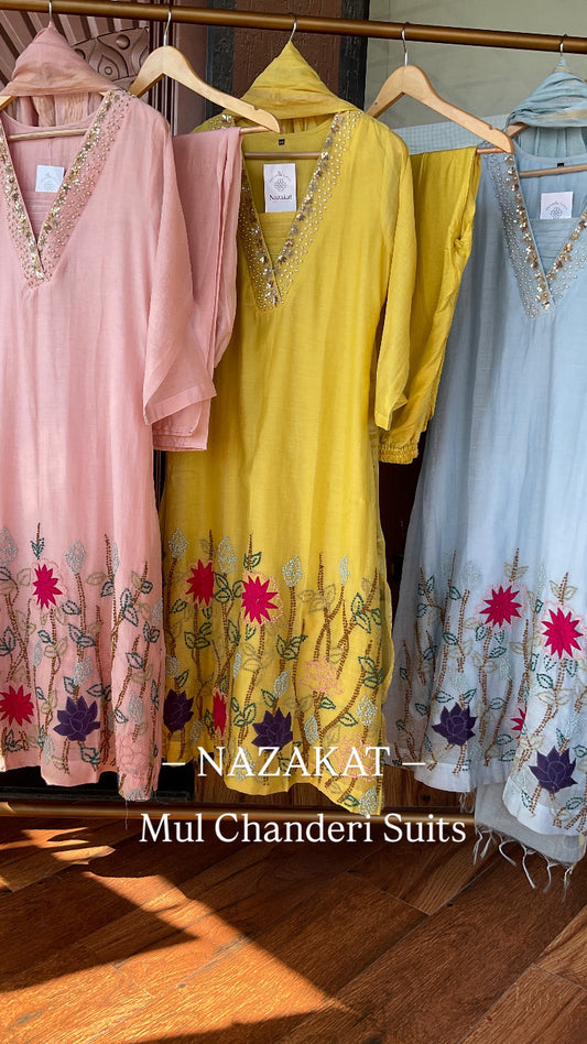 Hand worked Mul chanderi Suit Set