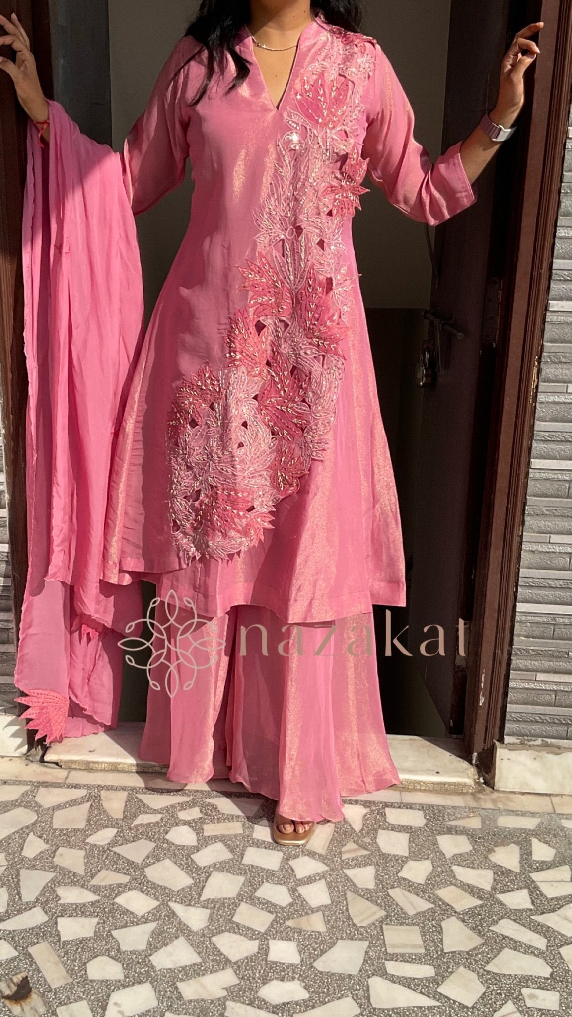Applique work - Tissue Kurta Palazzo Set - nazakatjaipurnazakat_jaipur