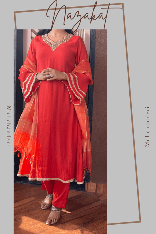 Bell sleeved Mul Chanderi Suit Set - nazakatjaipurnazakat_jaipur