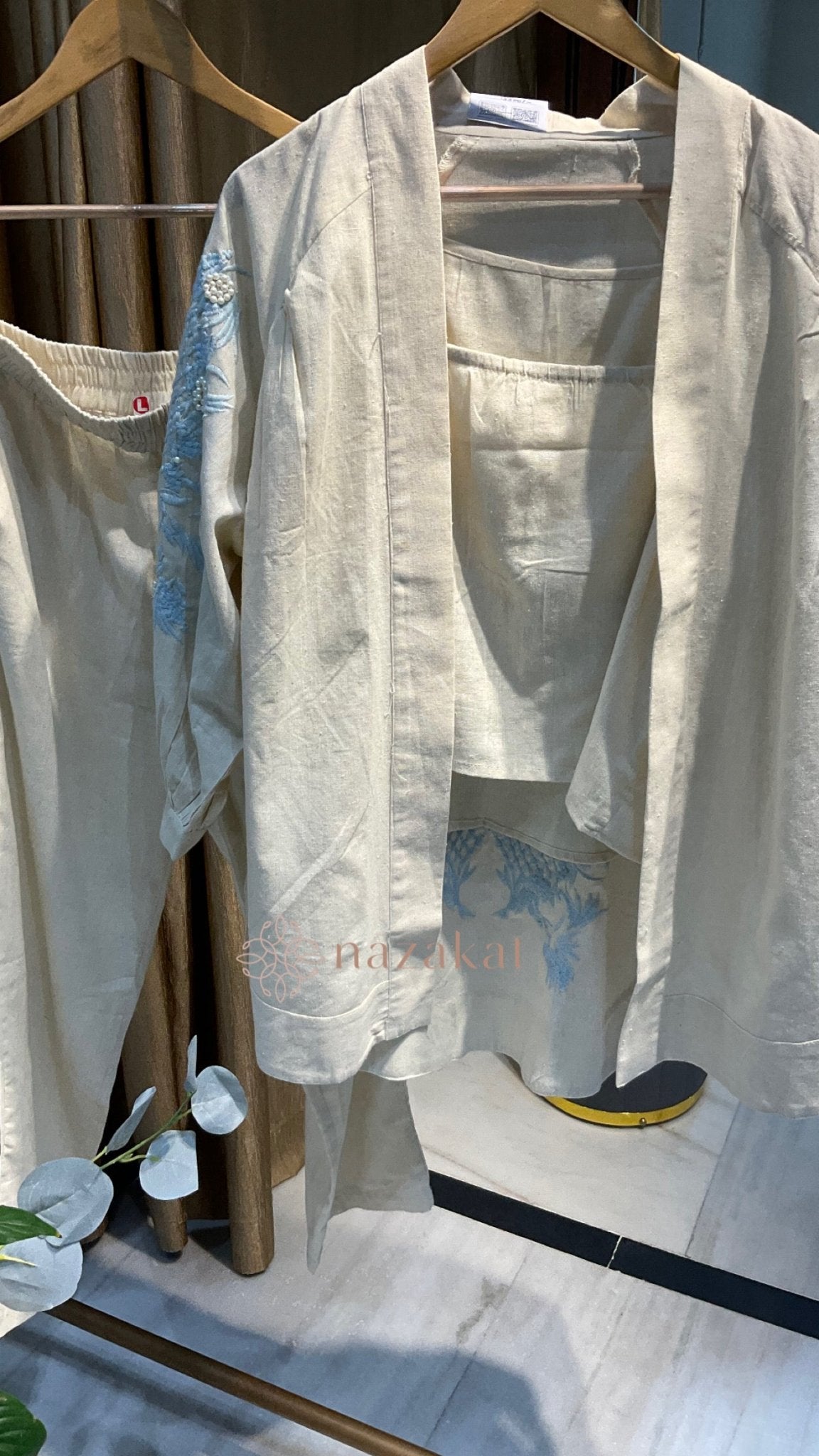 Linen Co - ord Set with embroidery and pearls - nazakatjaipurnazakat_jaipur