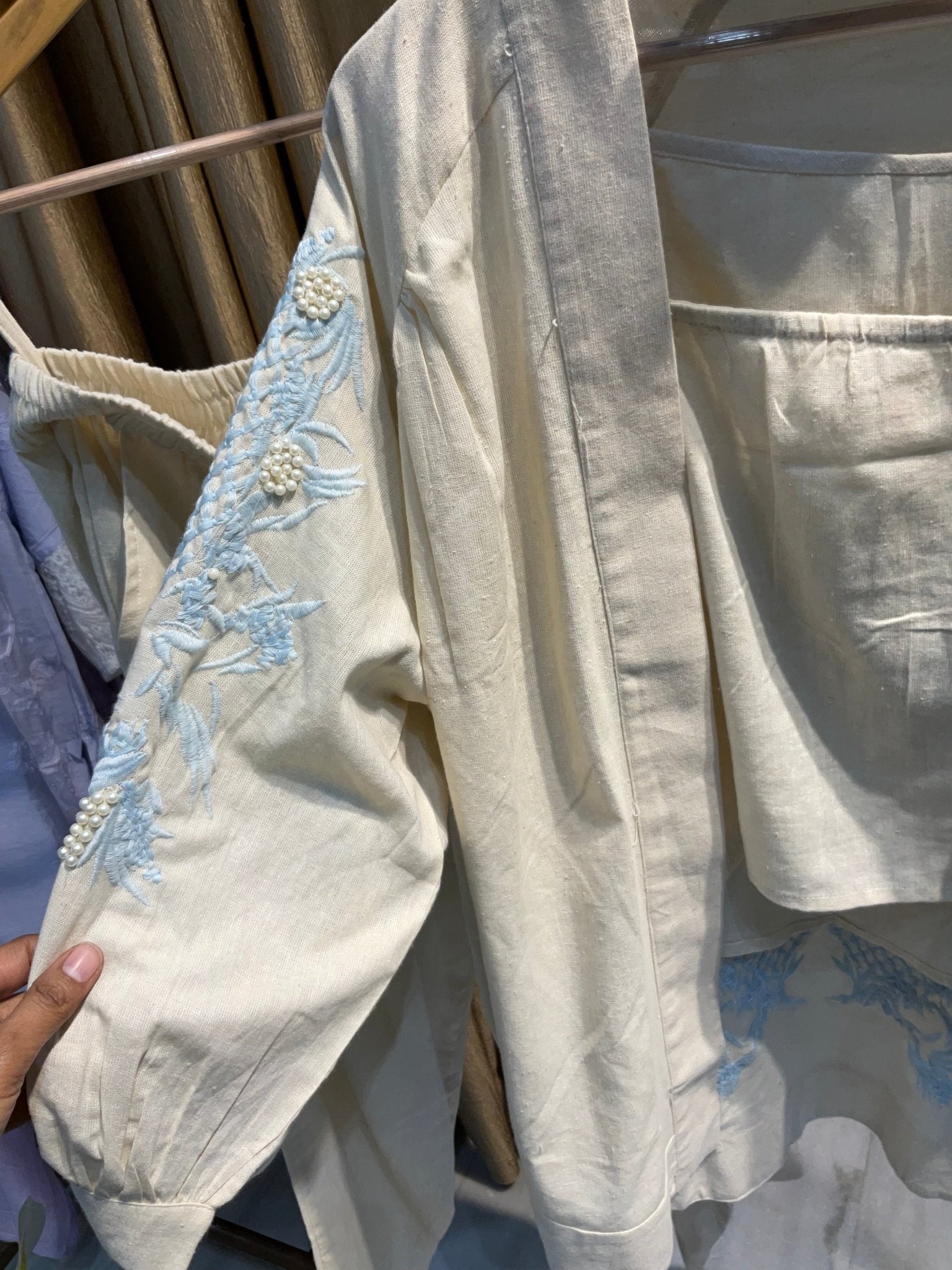 Linen Co - ord Set with embroidery and pearls - nazakatjaipurnazakat_jaipur