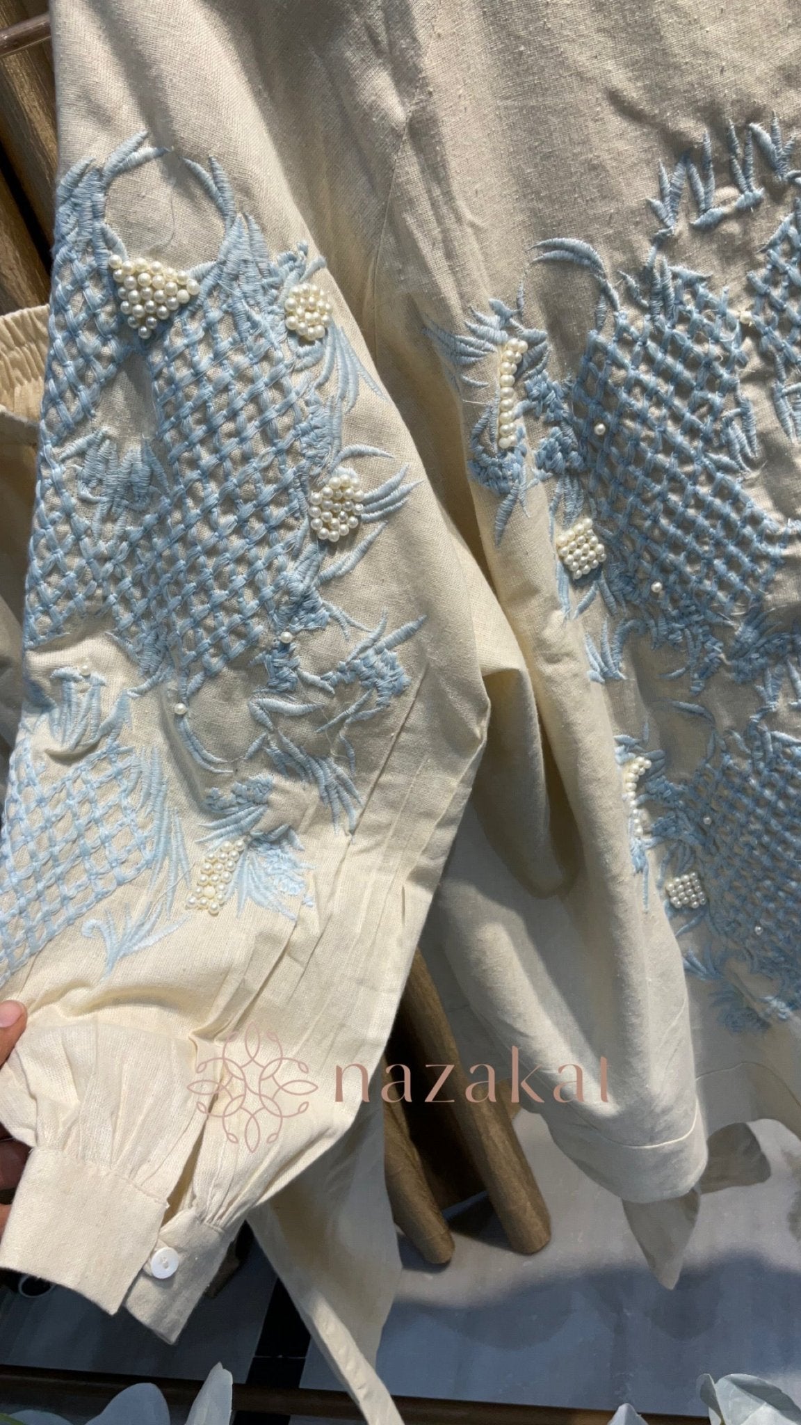 Linen Co - ord Set with embroidery and pearls - nazakatjaipurnazakat_jaipur