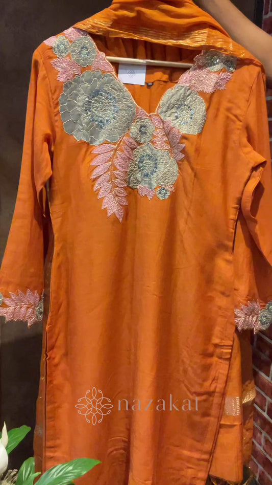 Colorful 3D work Mul Chanderi Set