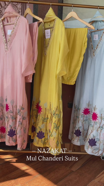 Hand worked Mul chanderi Suit Set