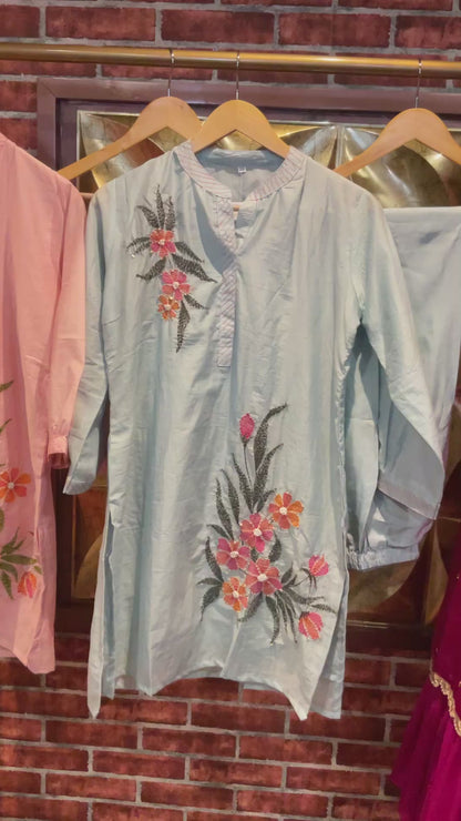 Handpainted Mul Chanderi Co-ords with embroidery