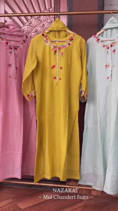 Mul Chanderi hand-embroidery suits